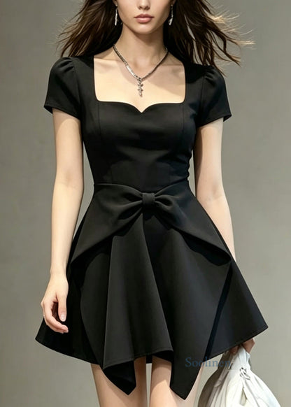 Women Black Square Collar Bow Patchwork Cotton Mid Dress Summer