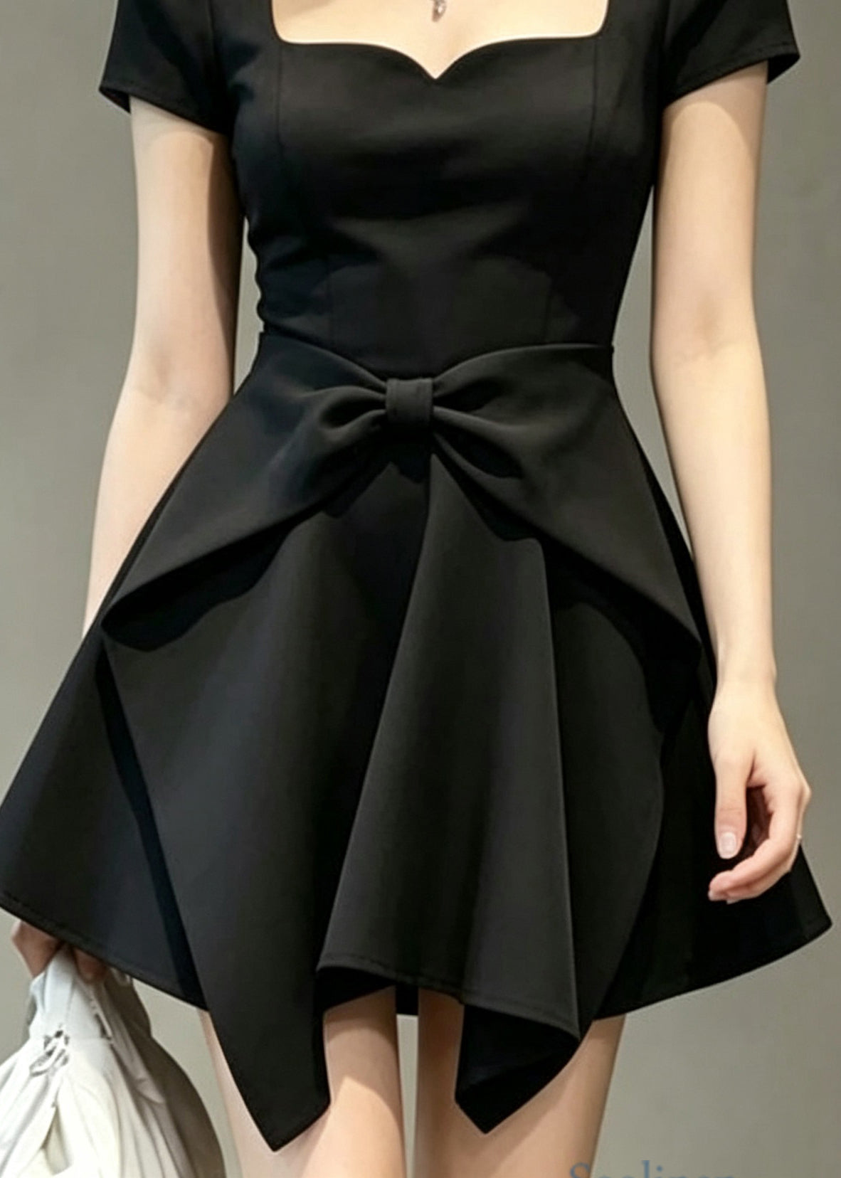 Women Black Square Collar Bow Patchwork Cotton Mid Dress Summer
