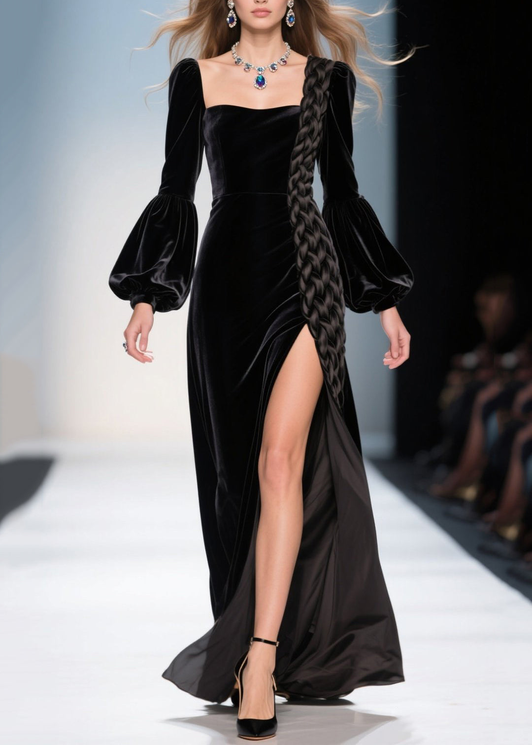 Vestido de fiesta de terciopelo de seda con abertura lateral y cuello cuadrado negro para mujer con mangas farol