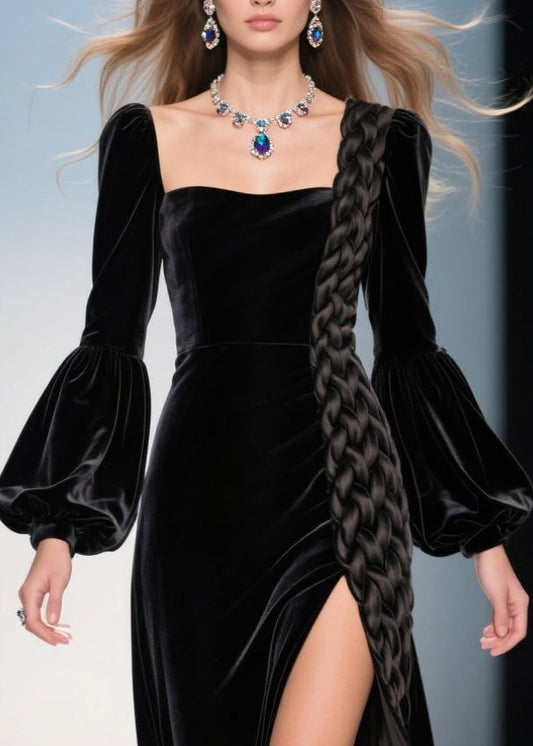 Vestido de fiesta de terciopelo de seda con abertura lateral y cuello cuadrado negro para mujer con mangas farol