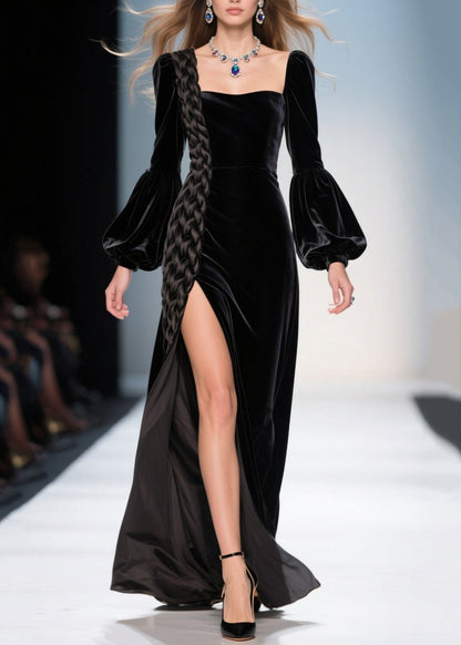 Vestido de fiesta de terciopelo de seda con abertura lateral y cuello cuadrado negro para mujer con mangas farol