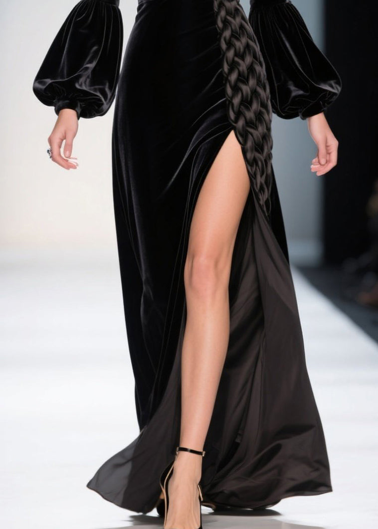 Vestido de fiesta de terciopelo de seda con abertura lateral y cuello cuadrado negro para mujer con mangas farol