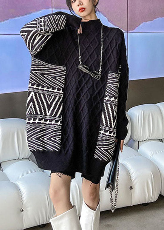 Damen Schwarzer Stehkragen Jacquard Lose Herbst Strickpullover