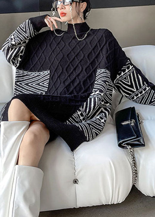 Damen Schwarzer Stehkragen Jacquard Lose Herbst Strickpullover