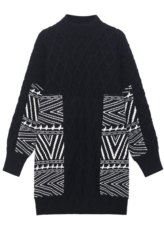 Damen Schwarzer Stehkragen Jacquard Lose Herbst Strickpullover