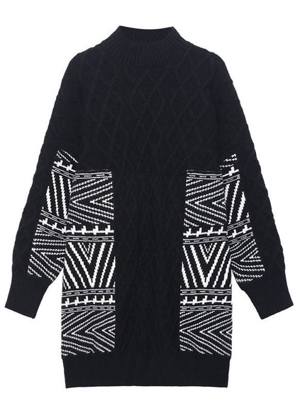 Damen Schwarzer Stehkragen Jacquard Lose Herbst Strickpullover