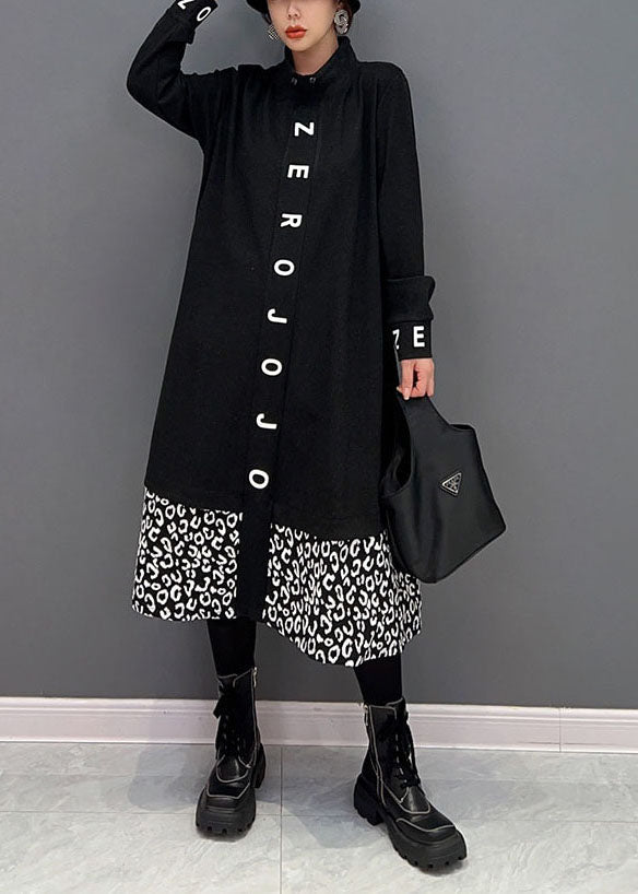 Frauen Schwarz Stehkragen Patchwork Print Baumwolle Urlaub Kleider Frühling