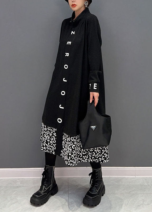 Frauen Schwarz Stehkragen Patchwork Print Baumwolle Urlaub Kleider Frühling