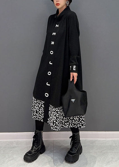 Frauen Schwarz Stehkragen Patchwork Print Baumwolle Urlaub Kleider Frühling