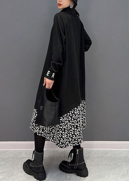 Frauen Schwarz Stehkragen Patchwork Print Baumwolle Urlaub Kleider Frühling