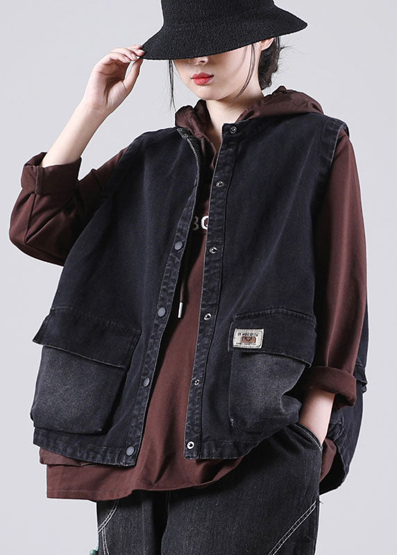 Damen Schwarz Stehkragen Taschen Knopf Herbst Ärmellose Weste