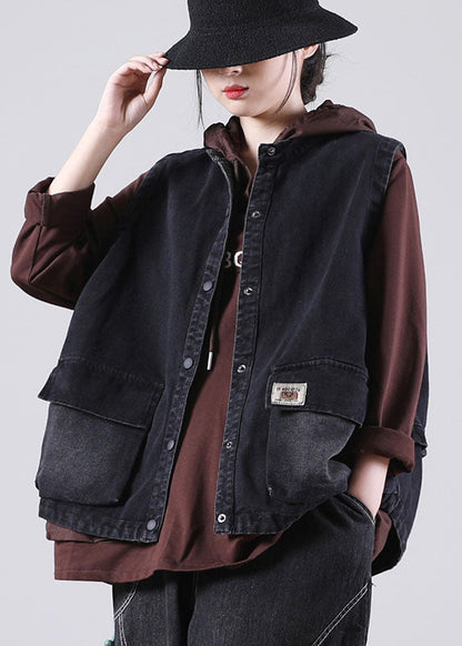 Damen Schwarz Stehkragen Taschen Knopf Herbst Ärmellose Weste