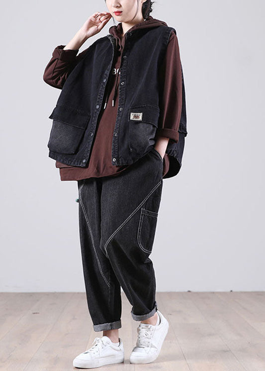 Damen Schwarz Stehkragen Taschen Knopf Herbst Ärmellose Weste