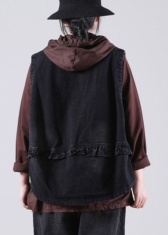 Damen Schwarz Stehkragen Taschen Knopf Herbst Ärmellose Weste