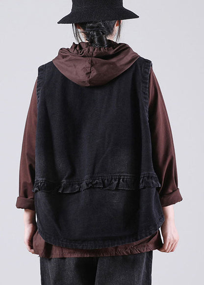 Damen Schwarz Stehkragen Taschen Knopf Herbst Ärmellose Weste