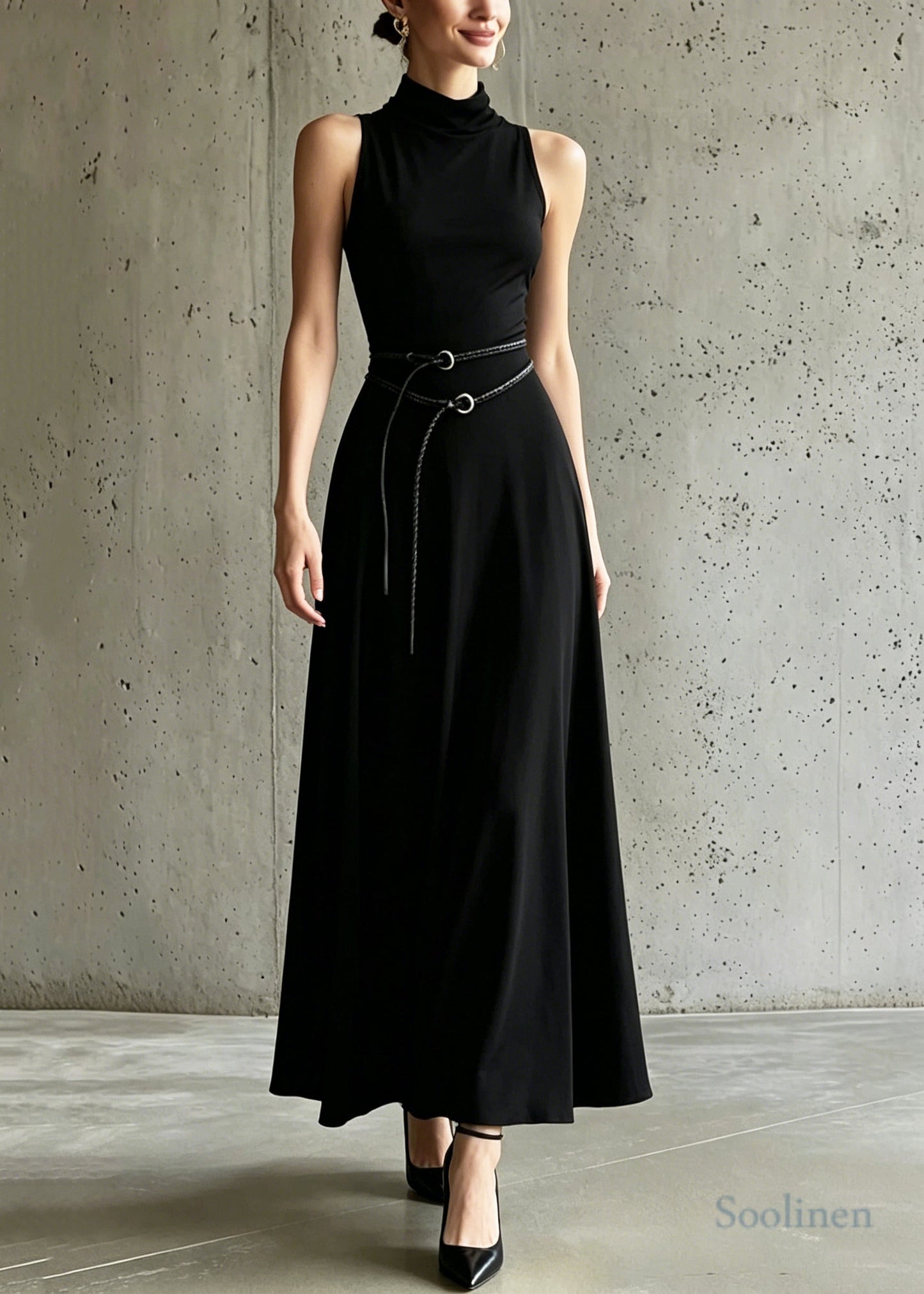 Women Black Stand Collar Sashes Cotton Party Dress Sleeveless