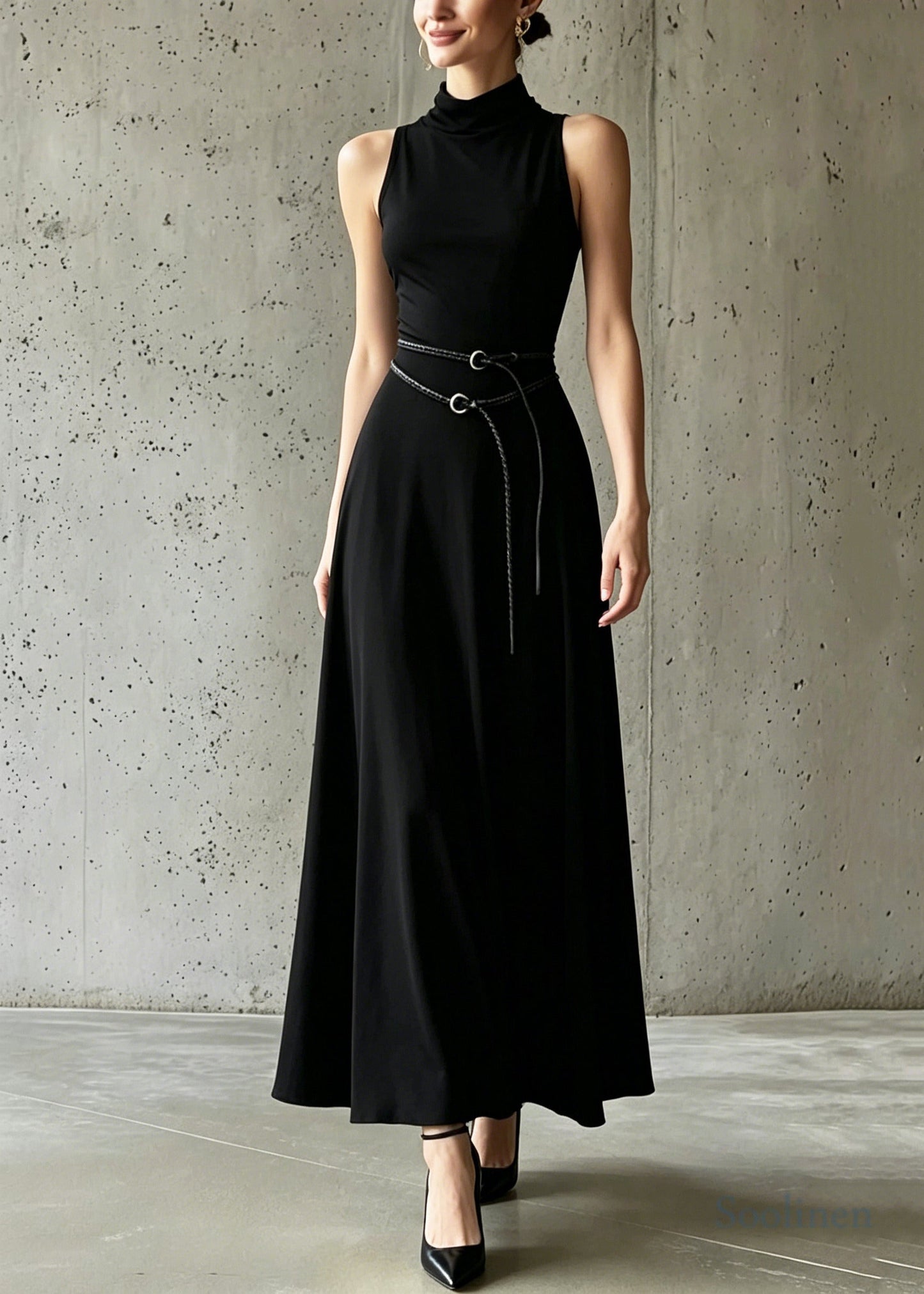Women Black Stand Collar Sashes Cotton Party Dress Sleeveless