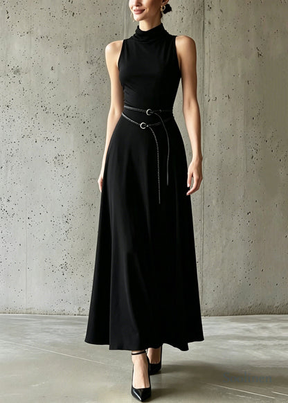 Women Black Stand Collar Sashes Cotton Party Dress Sleeveless