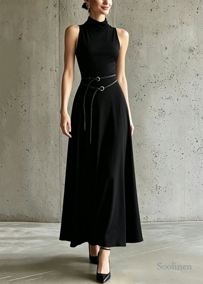 Women Black Stand Collar Sashes Cotton Party Dress Sleeveless