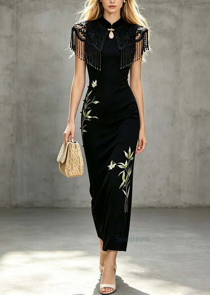 Women Black Stand Collar Tasseled Print Cotton Long Dresses Summer