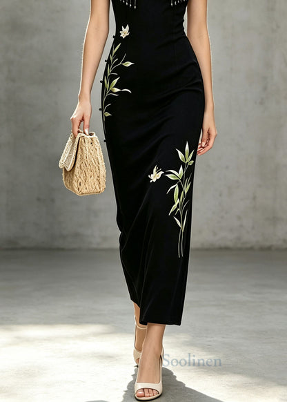 Women Black Stand Collar Tasseled Print Cotton Long Dresses Summer