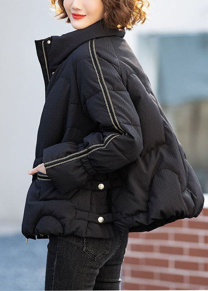 Frauen Schwarz Stehkragen Reißverschluss Ente Unten Unten Jacke Winter