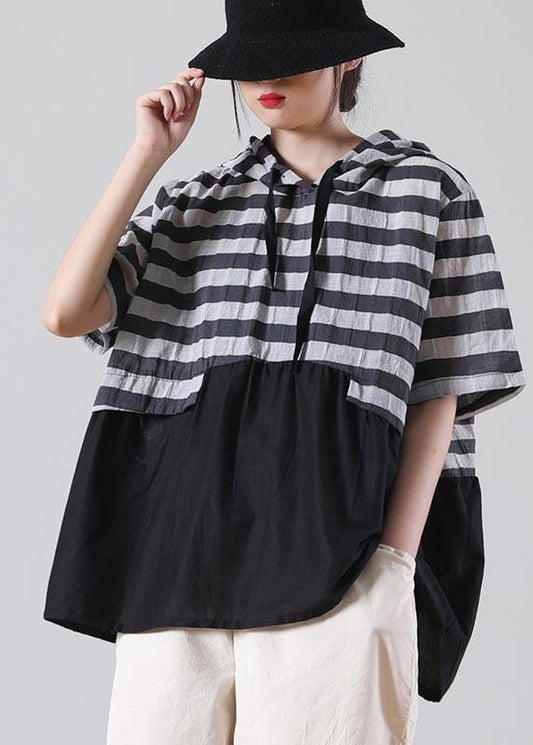Women Black Striped Patchwork Cotton Linen Blouses Summer - SooLinen