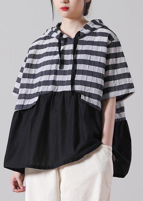 Women Black Striped Patchwork Cotton Linen Blouses Summer - SooLinen