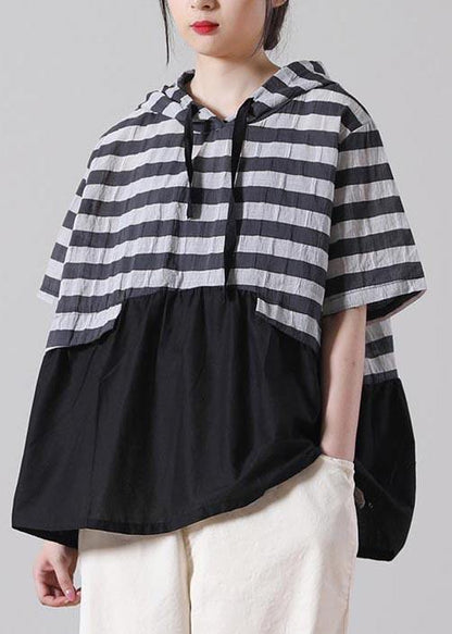 Women Black Striped Patchwork Cotton Linen Blouses Summer - SooLinen