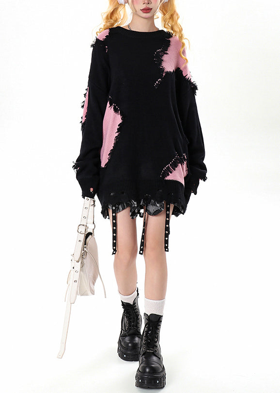 Schwarzer Damen-Pullover mit Quasten, Patchwork und Löchern, kuschelig für den Winter