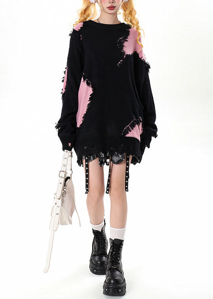 Schwarzer Damen-Pullover mit Quasten, Patchwork und Löchern, kuschelig für den Winter