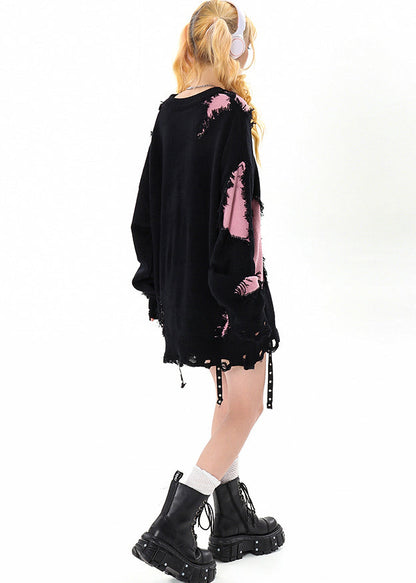 Schwarzer Damen-Pullover mit Quasten, Patchwork und Löchern, kuschelig für den Winter