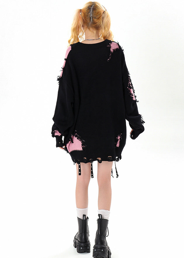 Schwarzer Damen-Pullover mit Quasten, Patchwork und Löchern, kuschelig für den Winter