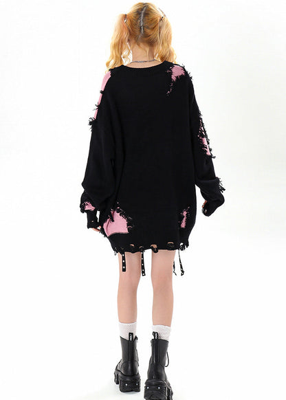 Schwarzer Damen-Pullover mit Quasten, Patchwork und Löchern, kuschelig für den Winter