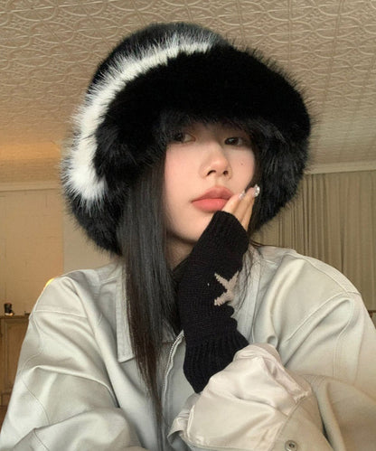 Sombrero de pescador de piel sintética grueso y cálido para mujer, color negro