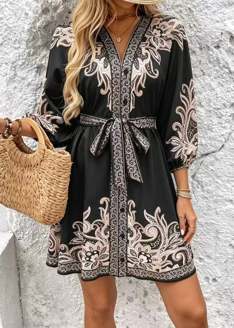 Women Black Tie Waist Print Silk Vacation Dress Summer