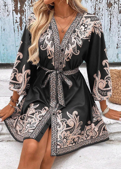 Women Black Tie Waist Print Silk Vacation Dress Summer