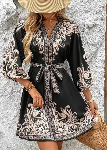Women Black Tie Waist Print Silk Vacation Dress Summer