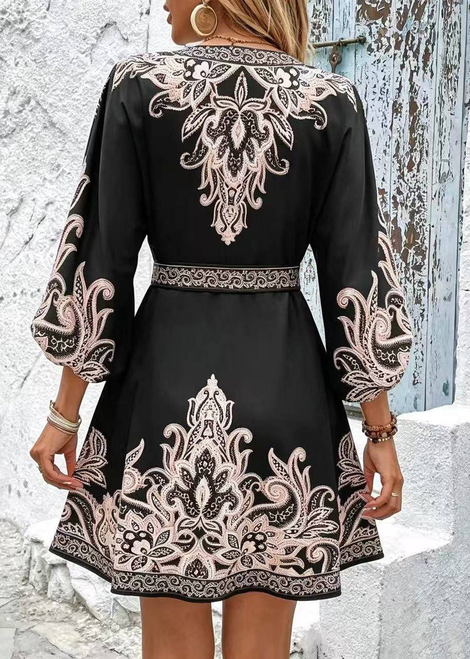 Women Black Tie Waist Print Silk Vacation Dress Summer