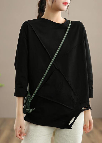 Women Black Tops Women O Neck Hole Oversized Spring Blouses - SooLinen