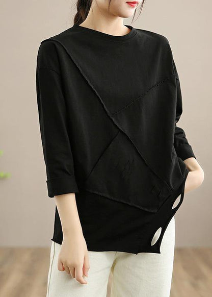 Women Black Tops Women O Neck Hole Oversized Spring Blouses - SooLinen