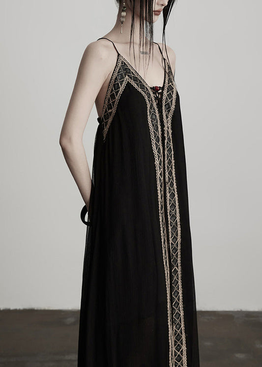 Schwarzes Tunika-Kleid mit Patchwork-Spitze für Damen, Sommerkleid