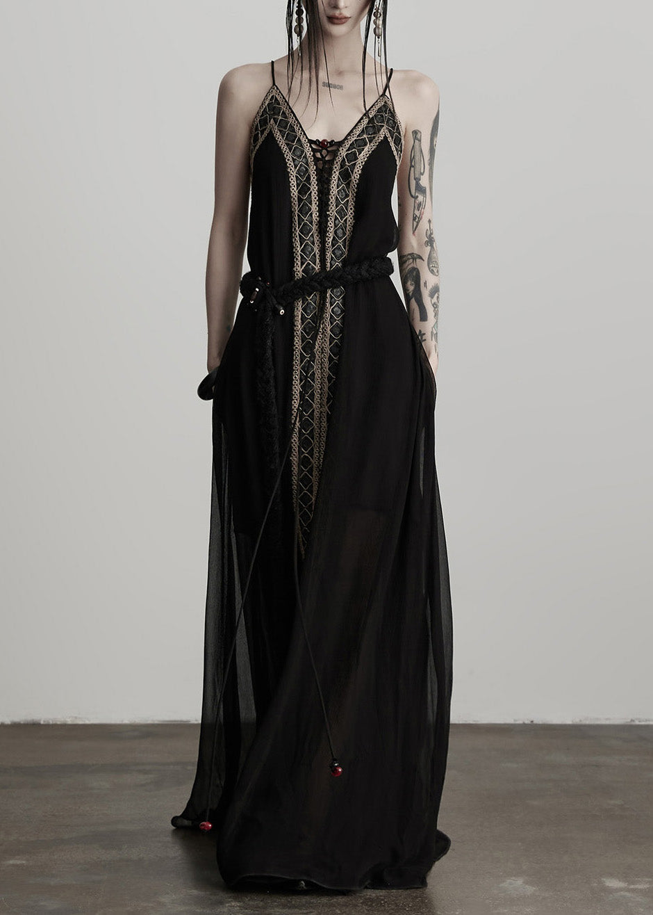 Schwarzes Tunika-Kleid mit Patchwork-Spitze für Damen, Sommerkleid