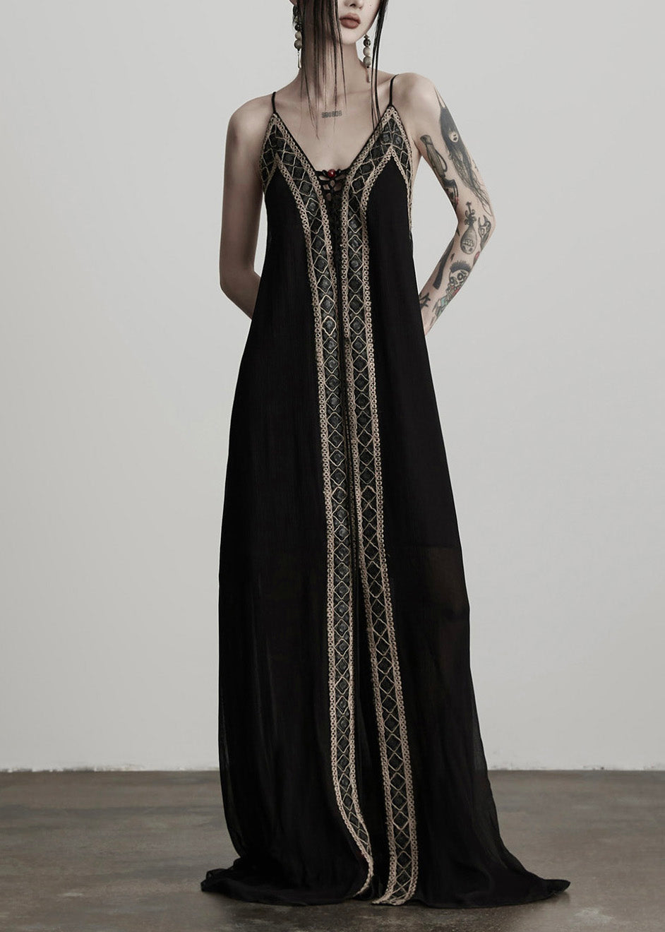 Schwarzes Tunika-Kleid mit Patchwork-Spitze für Damen, Sommerkleid