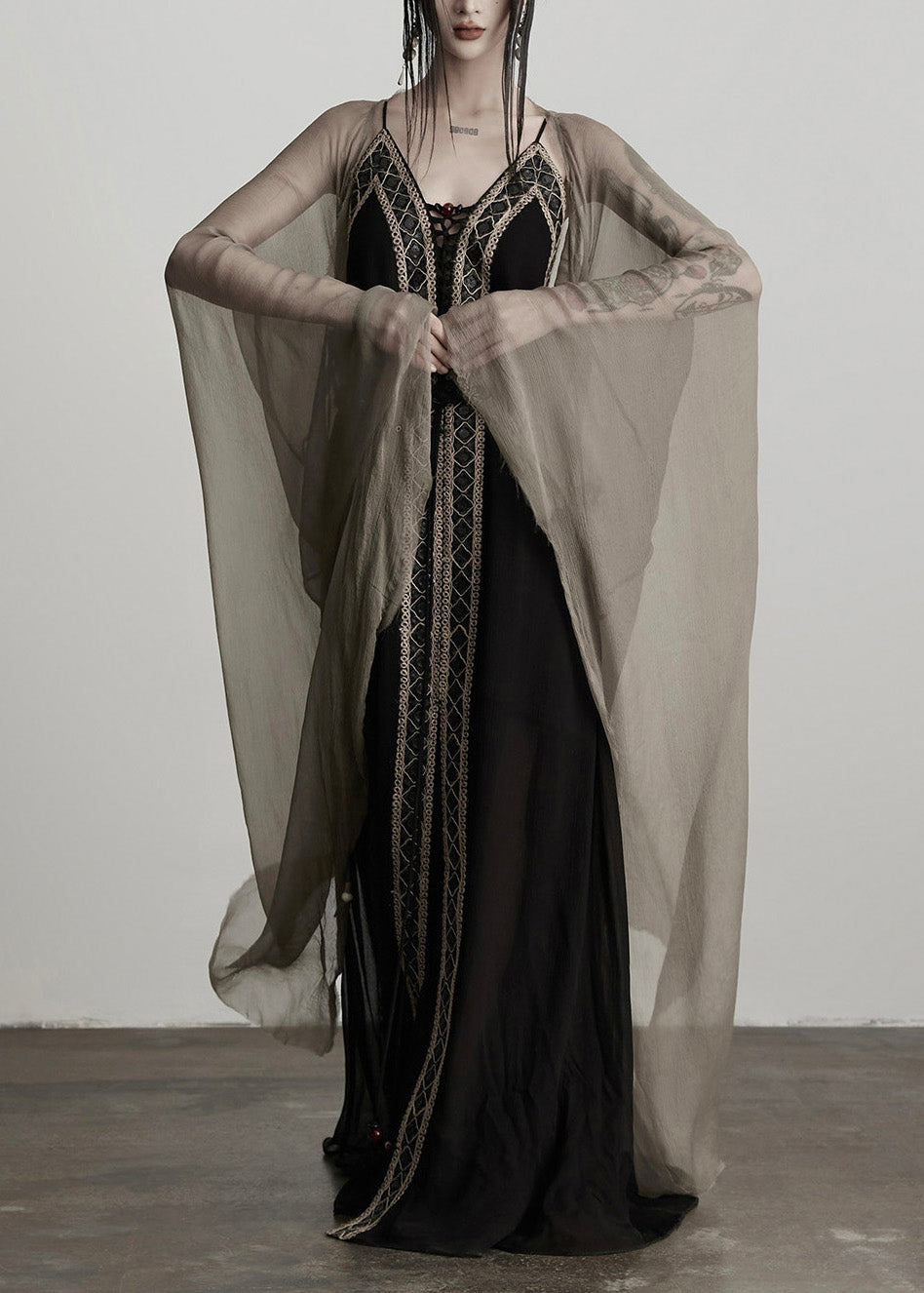 Schwarzes Tunika-Kleid mit Patchwork-Spitze für Damen, Sommerkleid