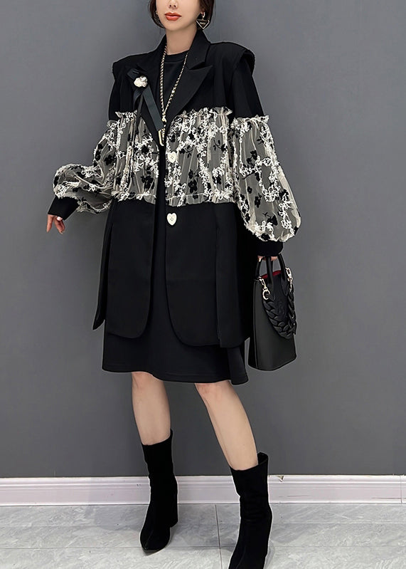 Frauen Schwarz Rollkragen Spitze Patchwork Weste Und Kleid Zwei Stück Anzug Set Herbst