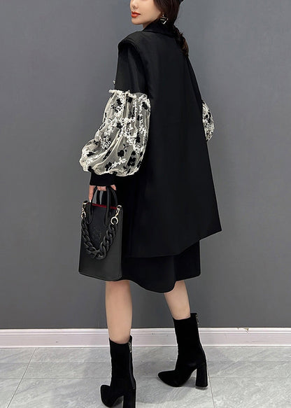 Frauen Schwarz Rollkragen Spitze Patchwork Weste Und Kleid Zwei Stück Anzug Set Herbst