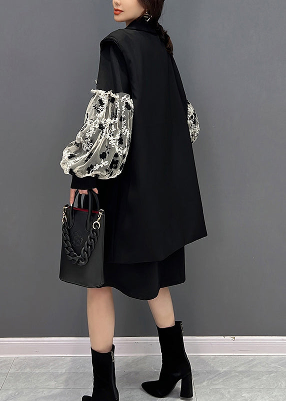 Frauen Schwarz Rollkragen Spitze Patchwork Weste Und Kleid Zwei Stück Anzug Set Herbst