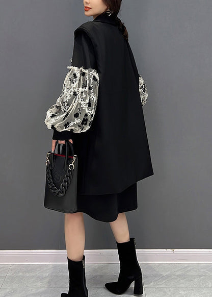 Frauen Schwarz Rollkragen Spitze Patchwork Weste Und Kleid Zwei Stück Anzug Set Herbst