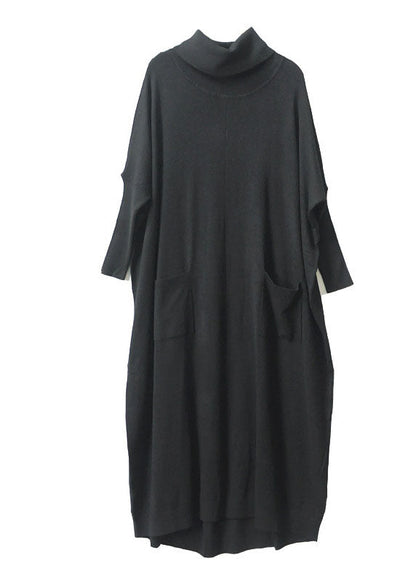 Schwarzes Rollkragen-Strickkleid mit Taschen für Damen